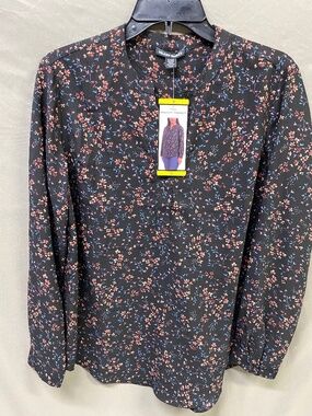 Hilary Radley Women's Long Sleeve Black Pink Blue Floral Blouse Size S NWT